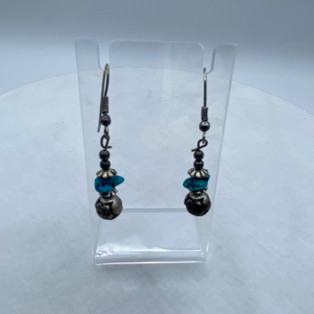 Turquoise Rose Engraved Silver Tone Dangle Drop Earrings Boho Floral Artsy SW